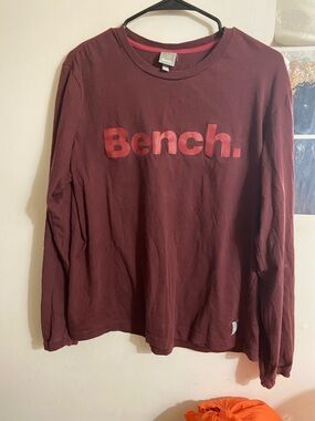Bench. Men's Long-Sleeve Logo Tee in Burgundy with Red Logo